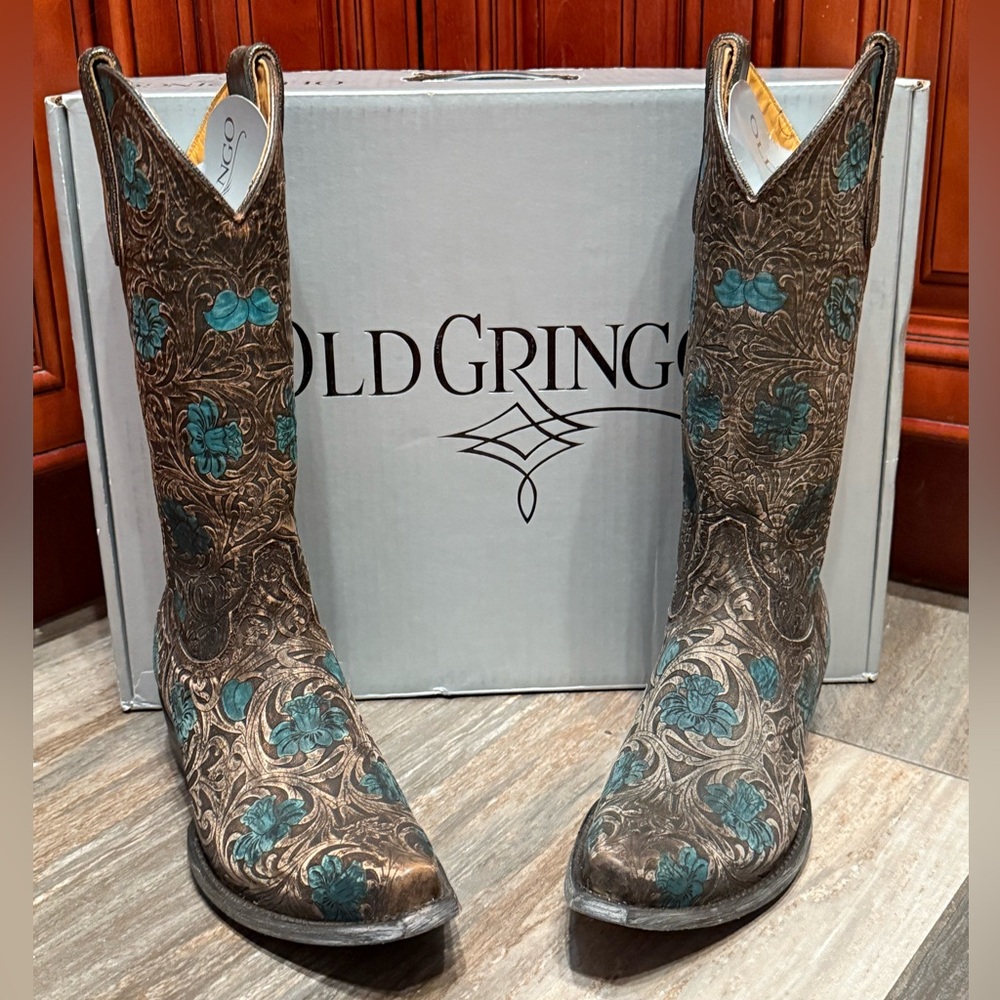 Old Gringo Cowboy Boots Edwine Turquoise Brown Floral Flower Wedding Tooled 7.5 - Picture 4 of 10